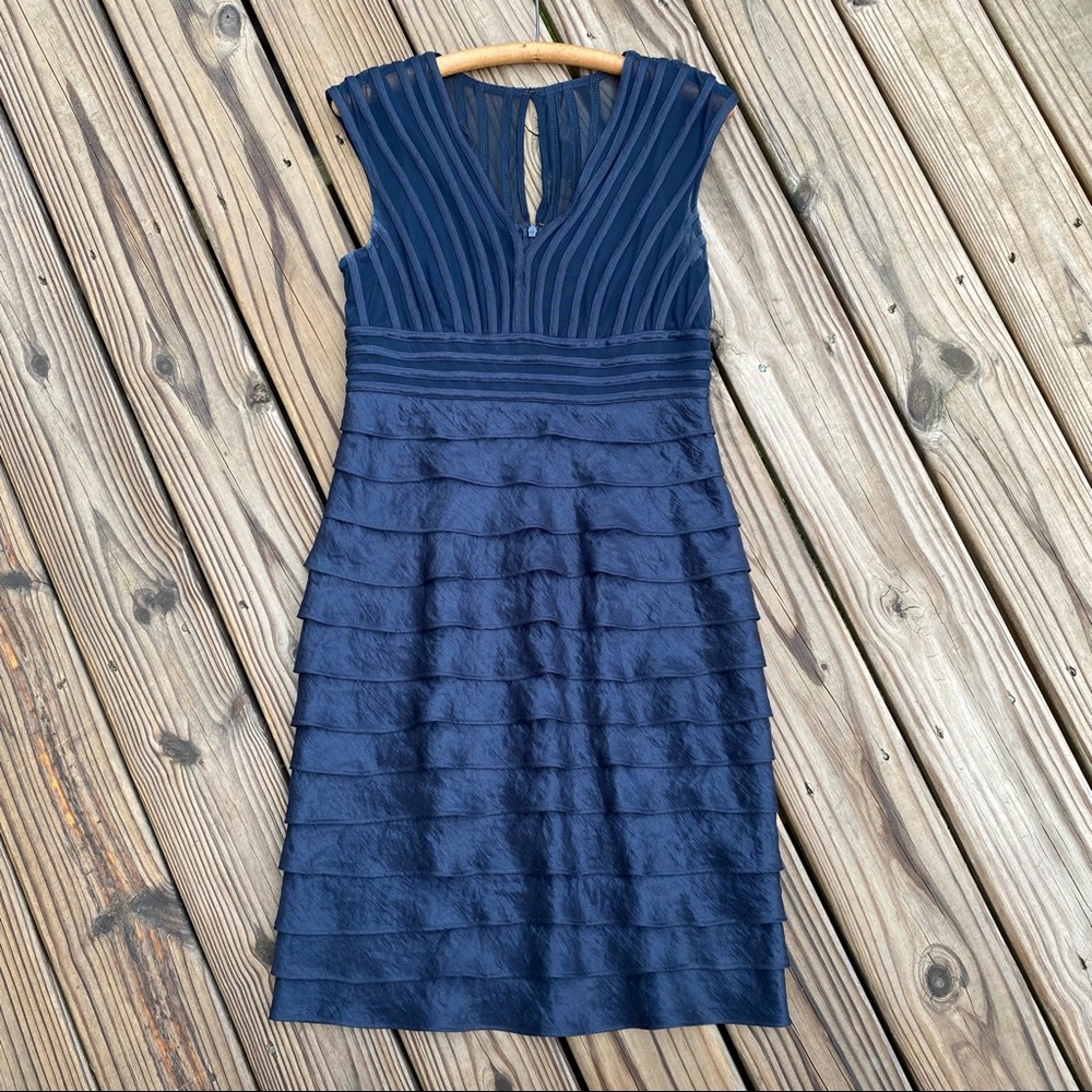 Adrianna Papell Stripe Top Layered Skirt Fully Lined Dress Navy
